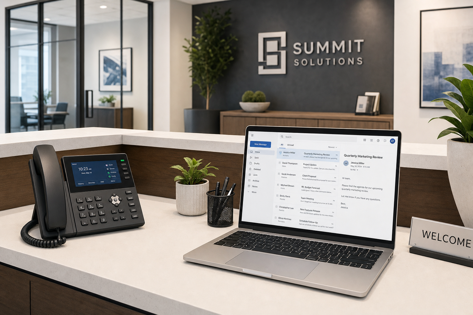 Office desk with VoIP phone and laptop showing business email security settings