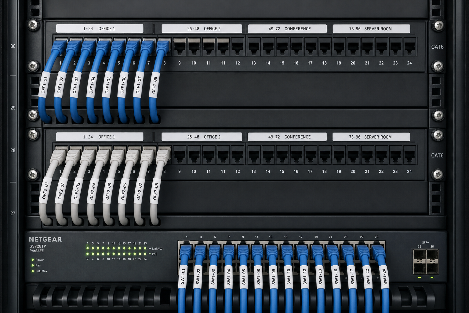 Clean structured cabling patch panel in an organized office network closet