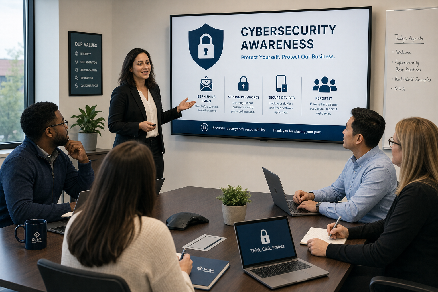 Small business team participating in a cybersecurity awareness training session in a conference room