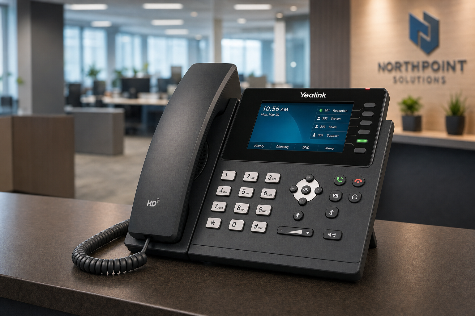 VoIP desk phone on a business reception desk in a Central Florida office