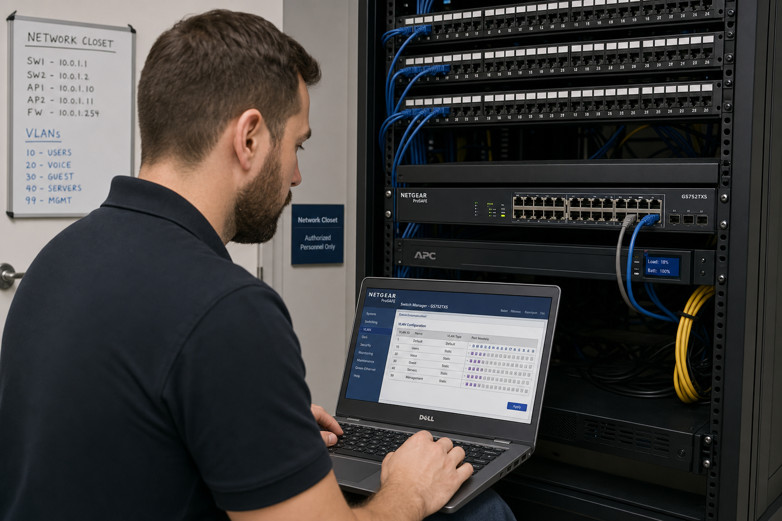 IT technician configuring a managed switch for QoS settings in a business network closet