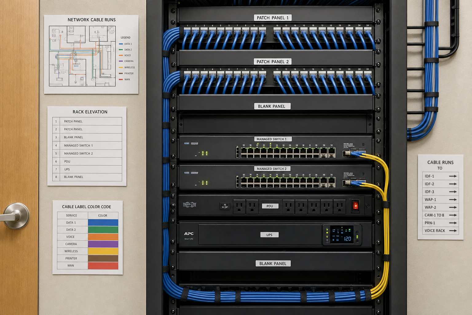 Organized structured cabling installation with labeled patch panel in a Florida business network closet