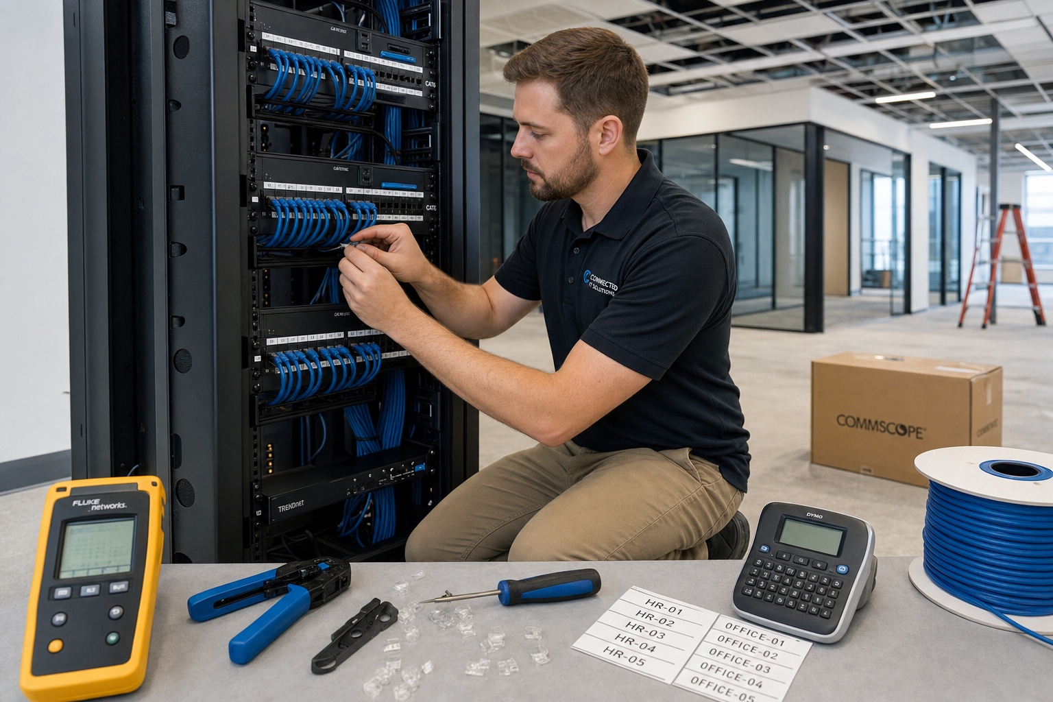 IT technician terminating structured cabling at a patch panel in a new office buildout