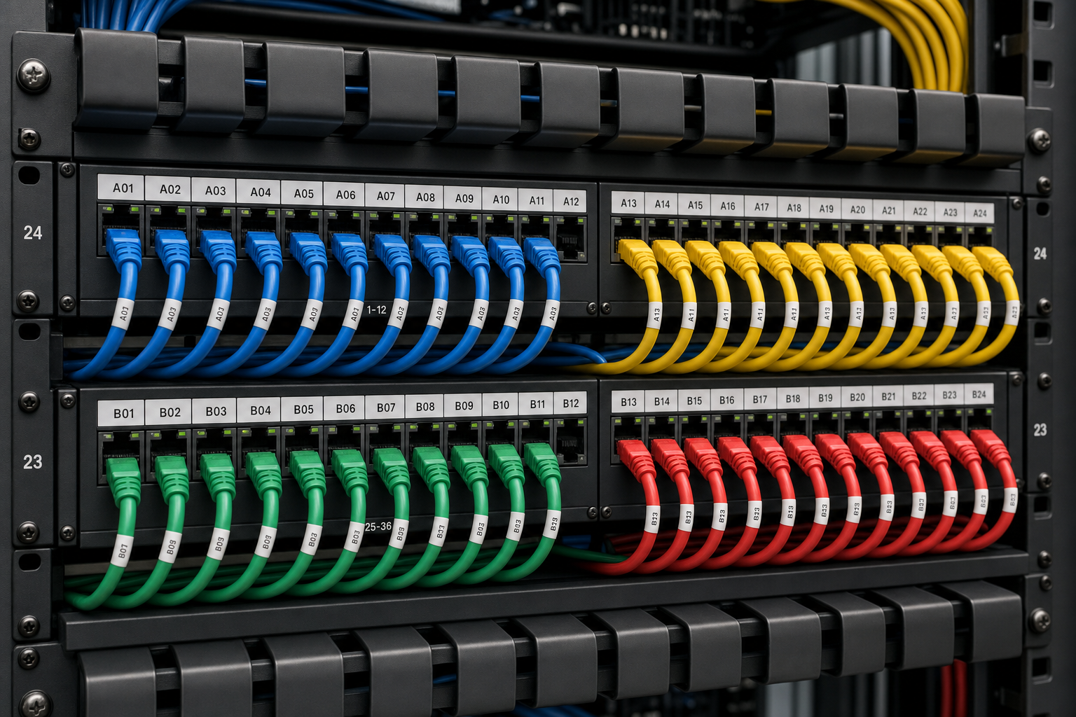 Labeled patch panel with organized patch cables in a commercial office network rack