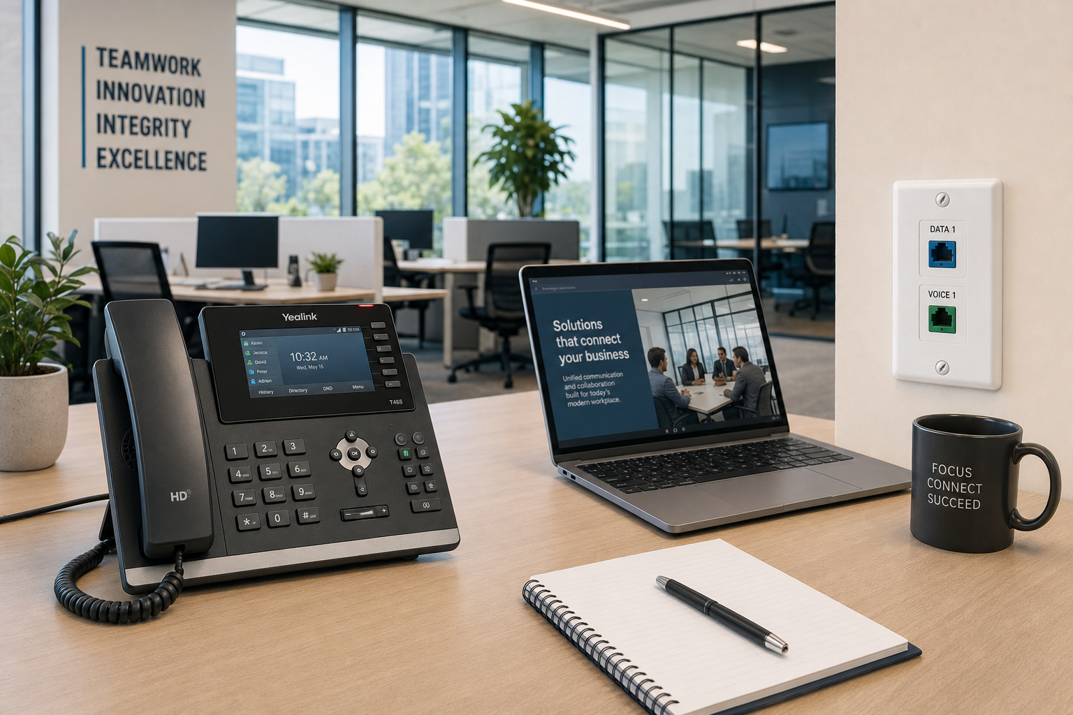 VoIP desk phone and laptop at a workstation in a modern office with structured cabling wall plate