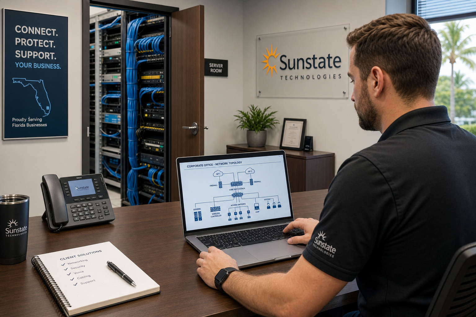 IT technician reviewing network documentation in a Florida business office