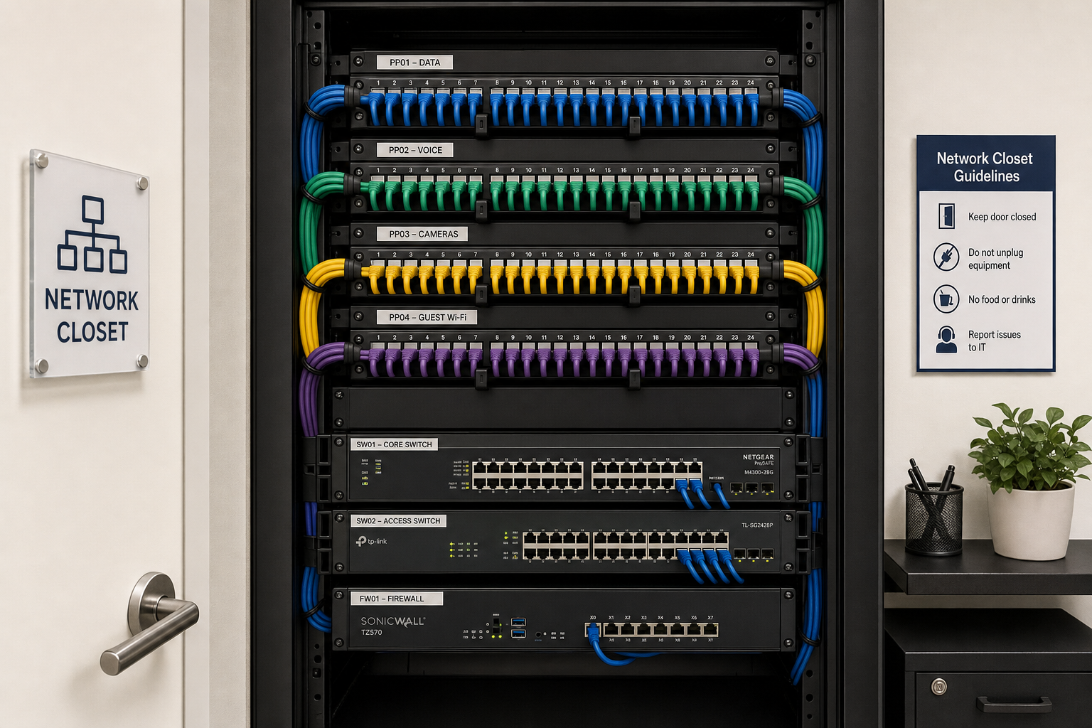 Organized structured cabling and patch panel in a small business network closet