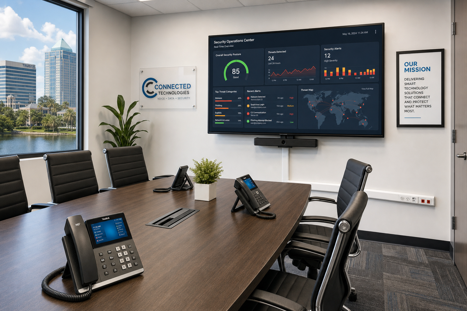 VoIP phones and cybersecurity monitoring dashboard in a Florida business conference room