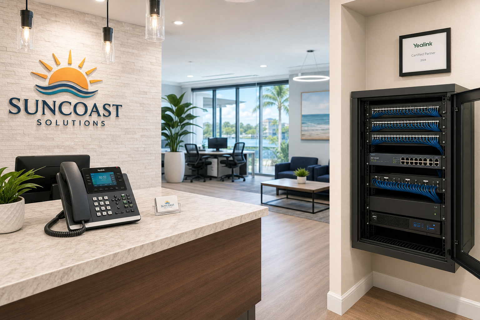 VoIP desk phone and managed network equipment in a modern Florida business office
