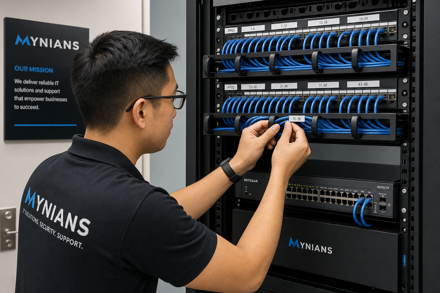 IT technician organizing structured cabling and patch panel in a commercial network closet