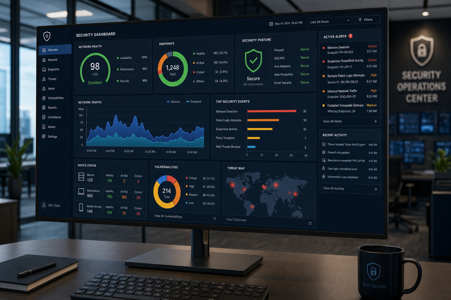 Cybersecurity and network monitoring dashboard on a widescreen monitor in a business office