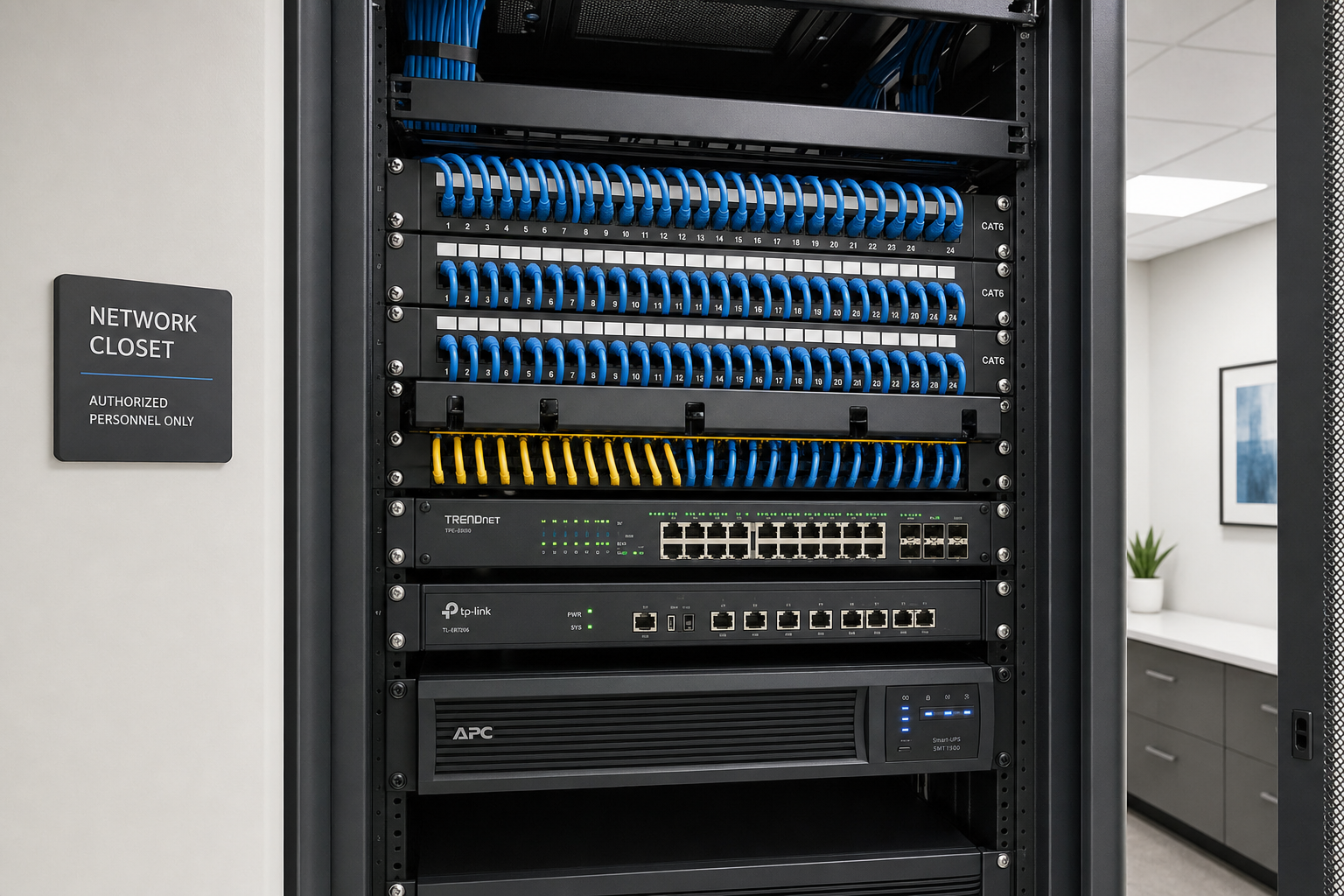 Organized network closet with patch panel and structured cabling in a Florida business office