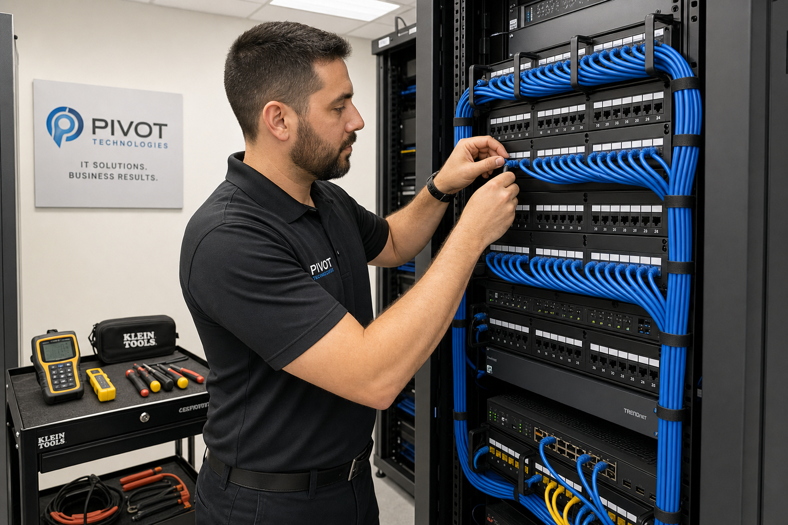 IT technician organizing structured cabling in a small business network closet