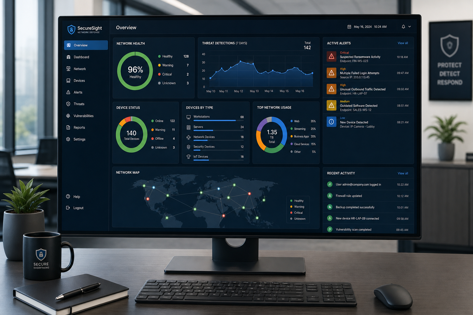Cybersecurity and network monitoring dashboard on a business desktop computer