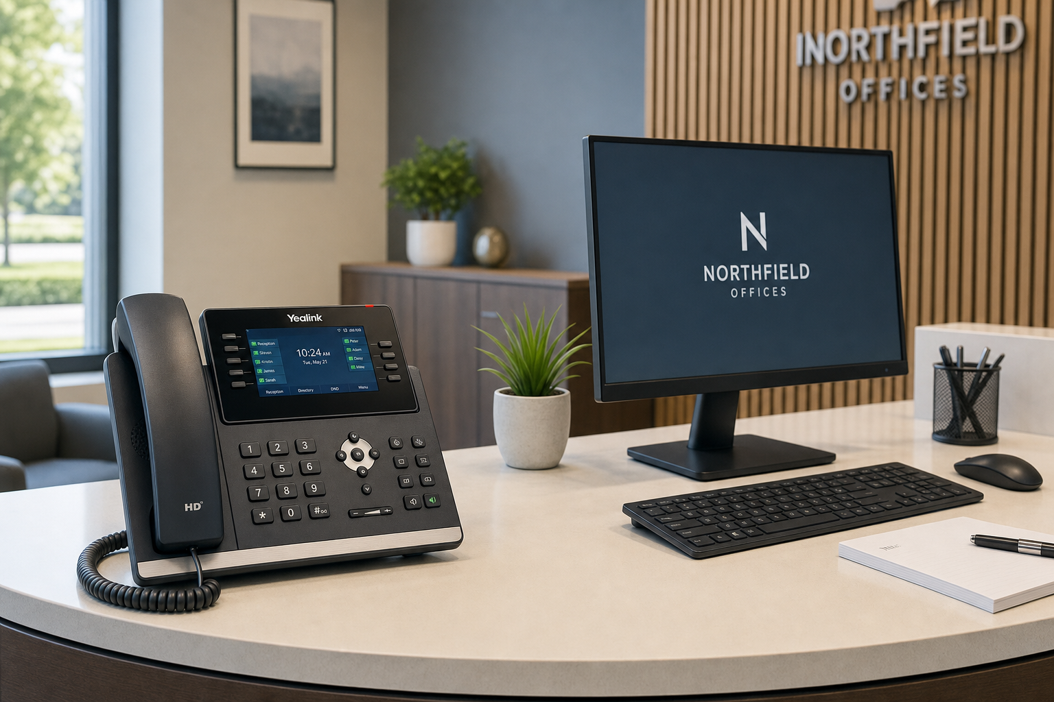 Hosted VoIP desk phone on a small business reception desk
