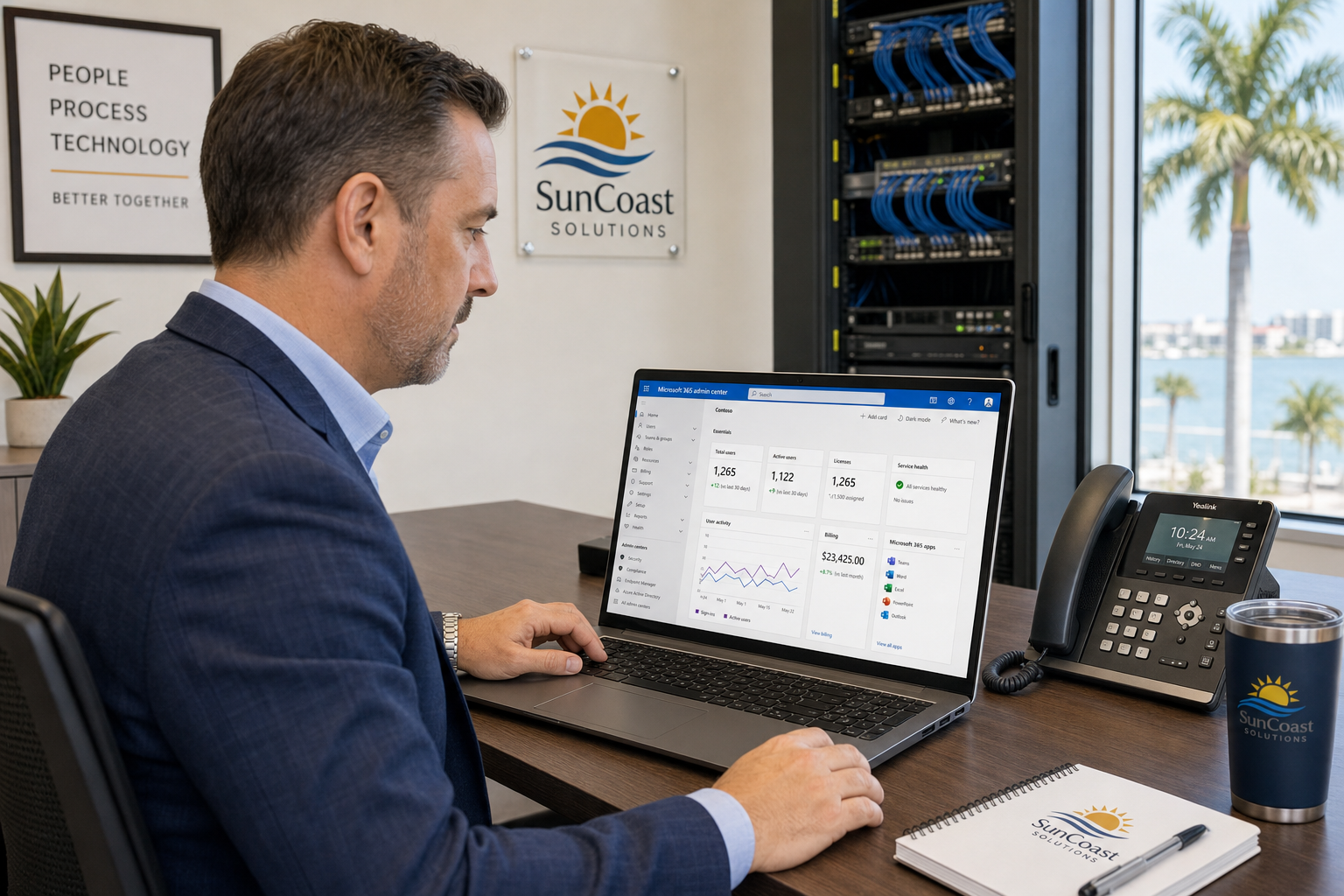 Operations leader reviewing Microsoft 365 admin dashboard in a modern Florida office