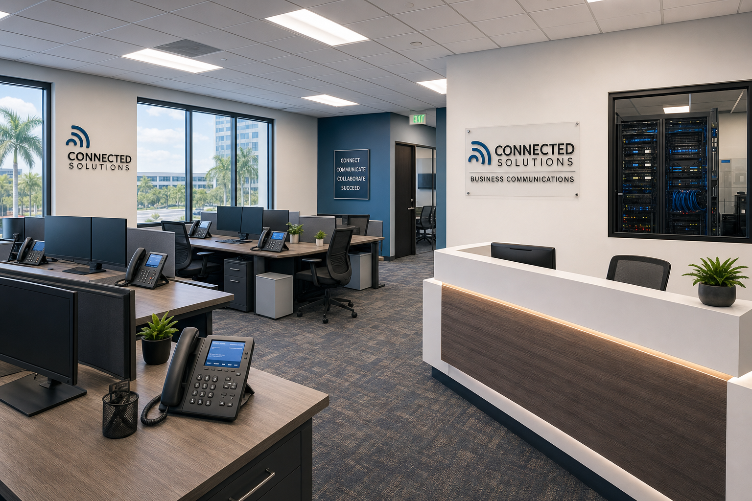 Modern Central Florida business office with VoIP desk phones and visible IT infrastructure