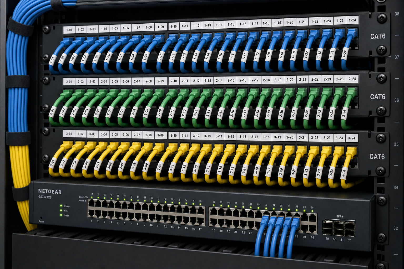 Professionally installed and labeled structured cabling on a patch panel in a business network closet