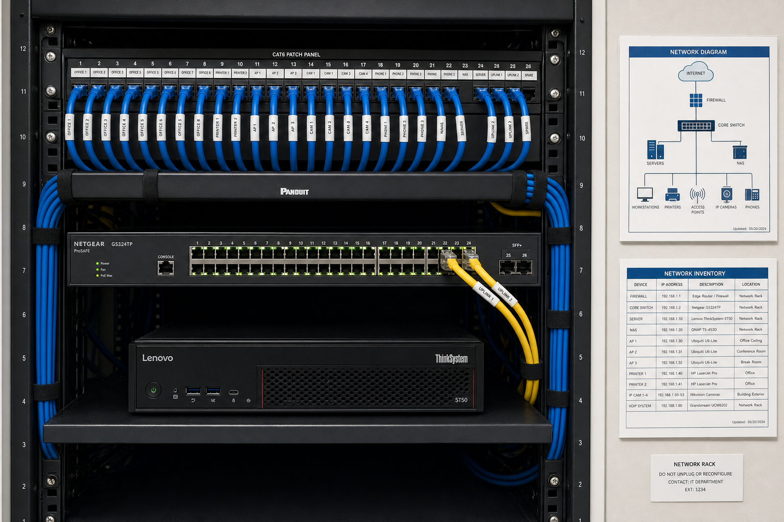 Clean and organized network closet with labeled patch panel and structured cabling in a small business IT environment