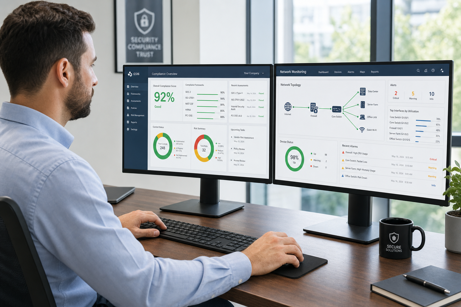 IT technician reviewing a cybersecurity compliance dashboard in a modern Florida office