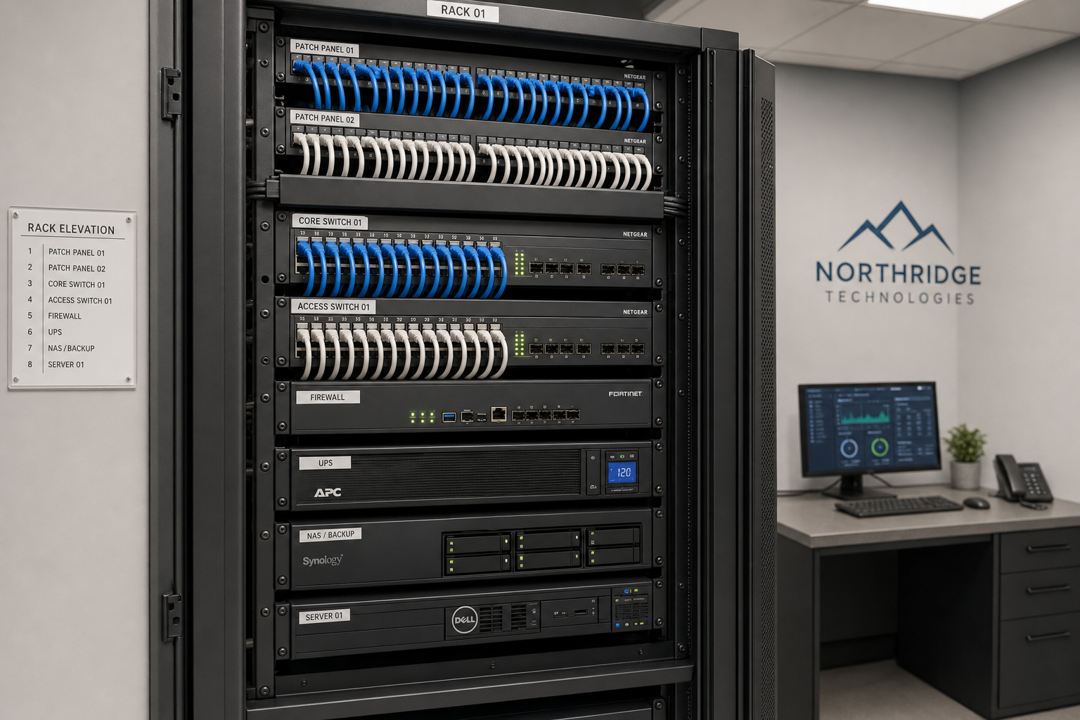 Organized server rack and patch panel in a compliant small business IT environment