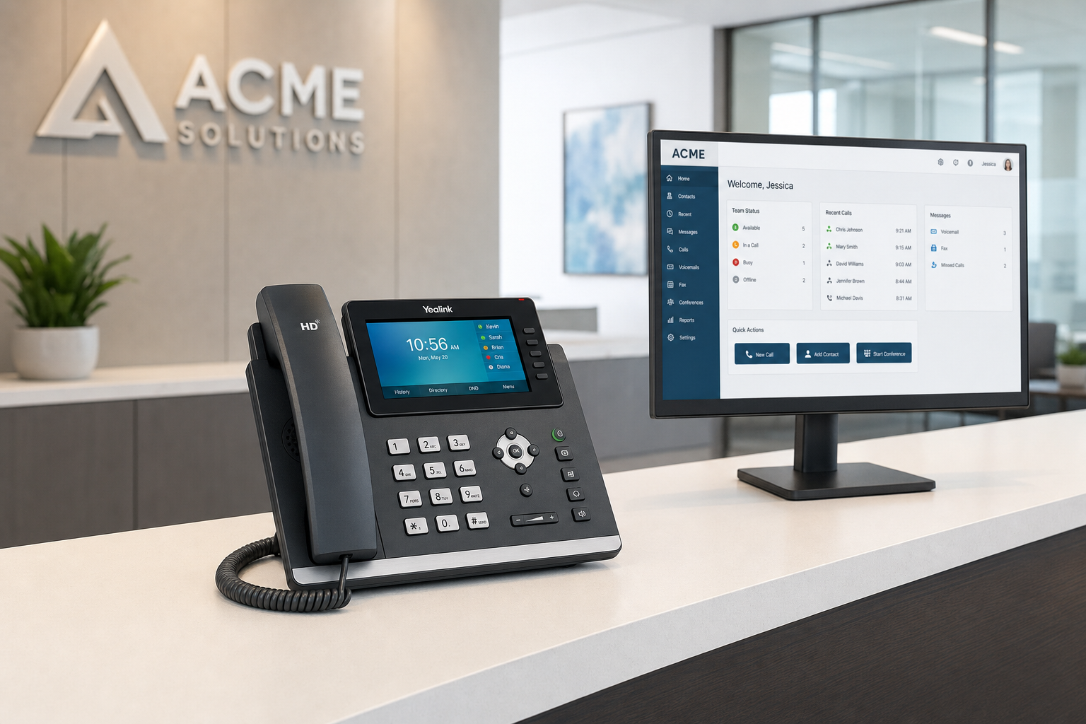 VoIP desk phone at a professional office reception desk in Central Florida