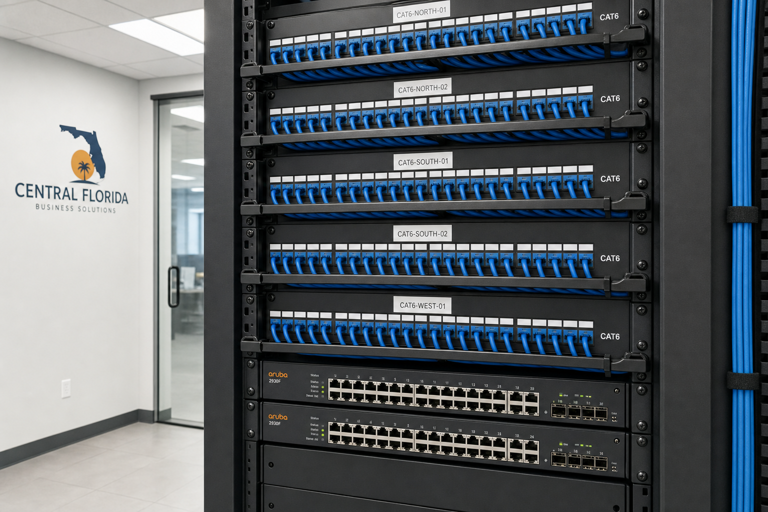 Organized server rack with labeled patch panels and structured cabling in a Central Florida office