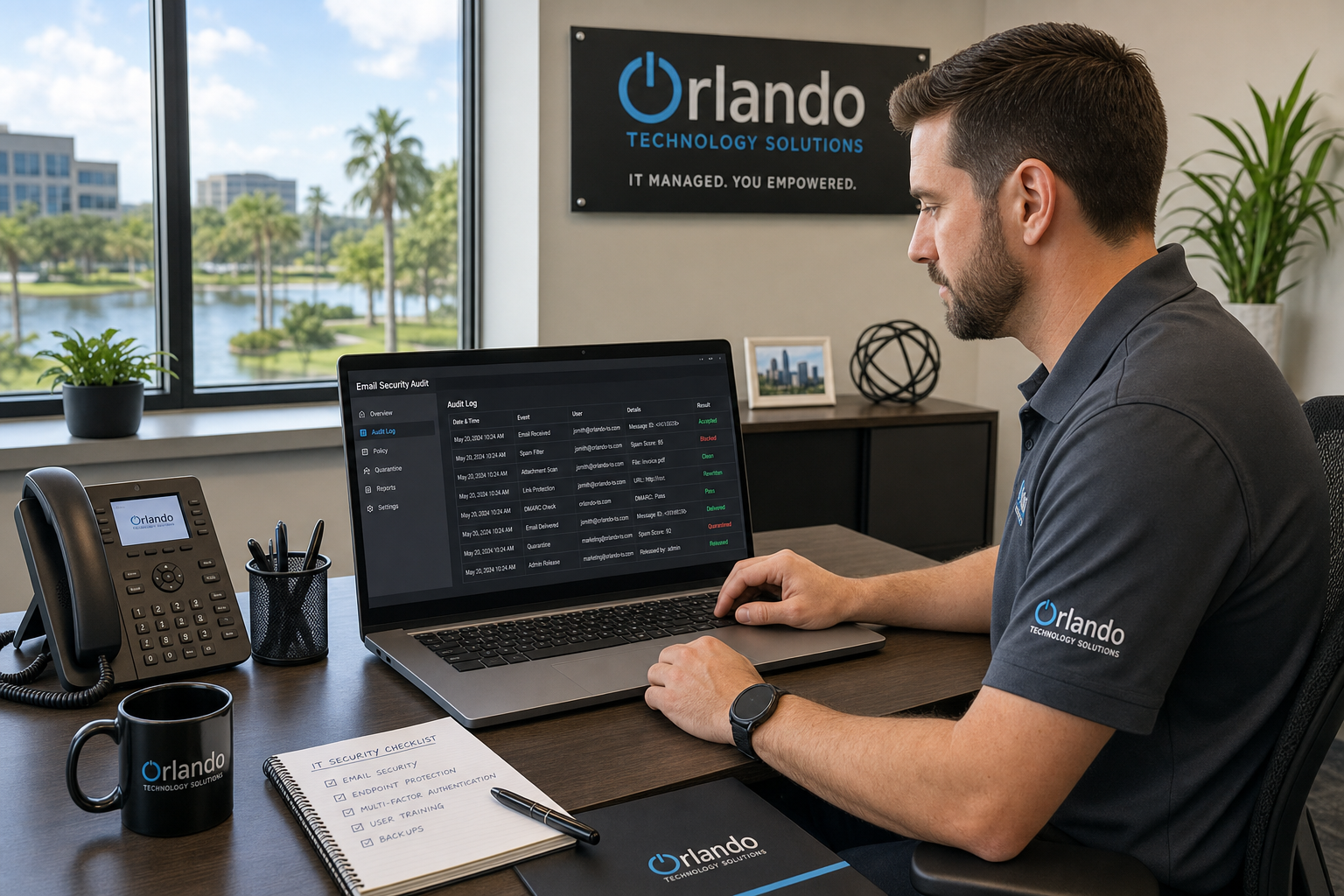 IT technician reviewing email security audit logs on a laptop in a Central Florida business office