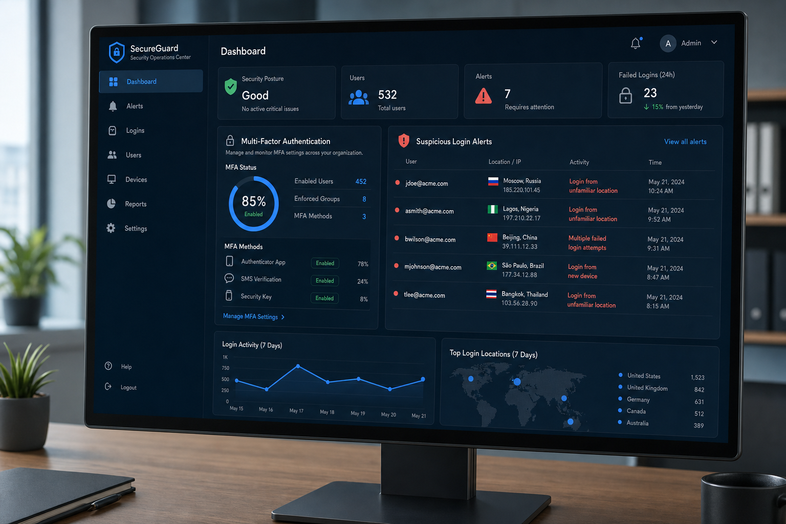 Cybersecurity dashboard showing multi-factor authentication settings and suspicious login alerts