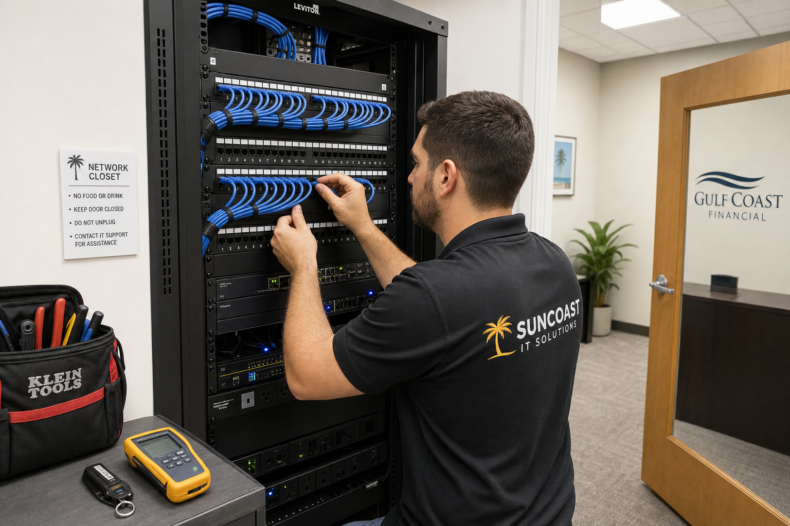 Local IT technician working on structured cabling and network equipment in a Florida business office
