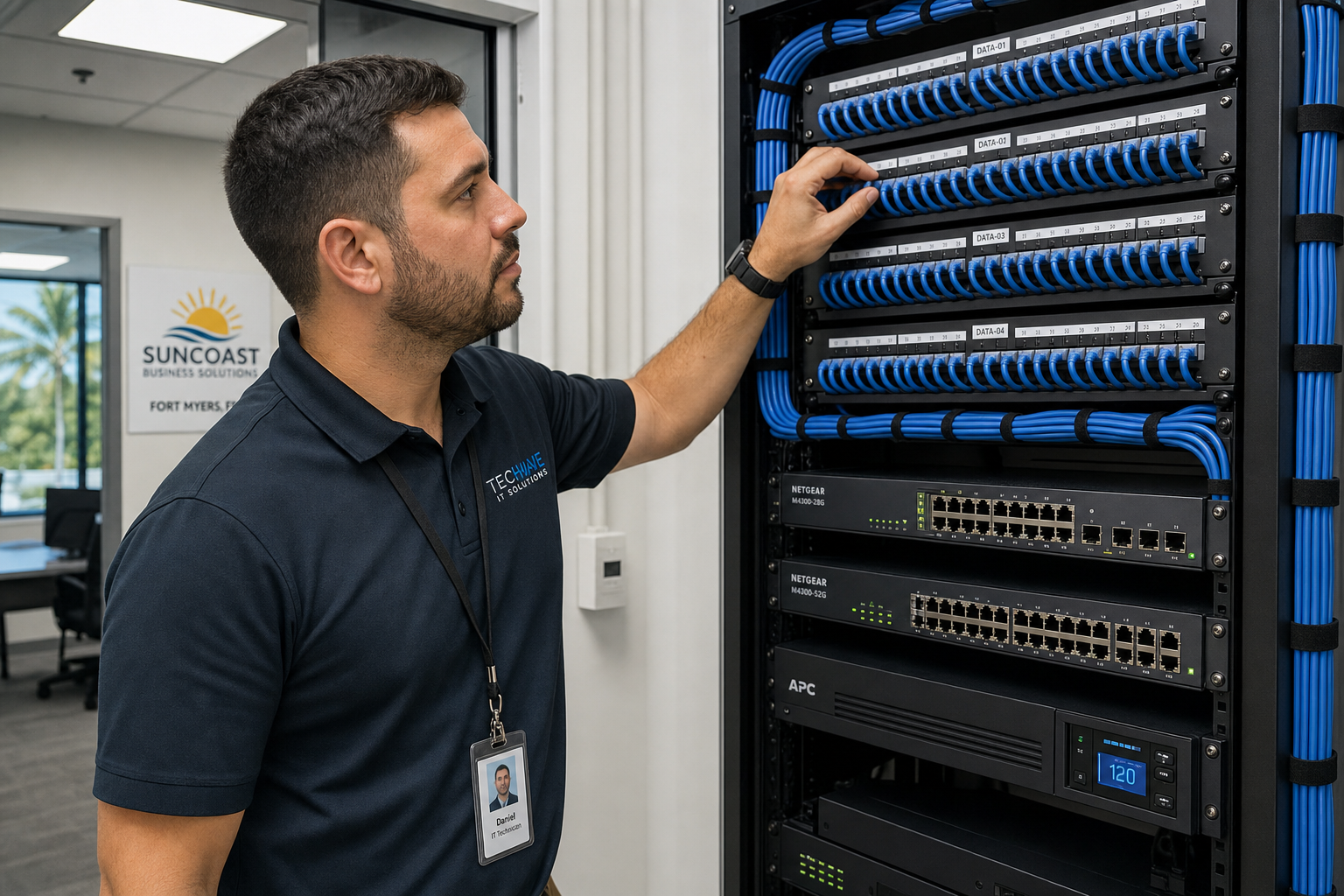 IT technician inspecting a structured cabling patch panel in a clean network closet