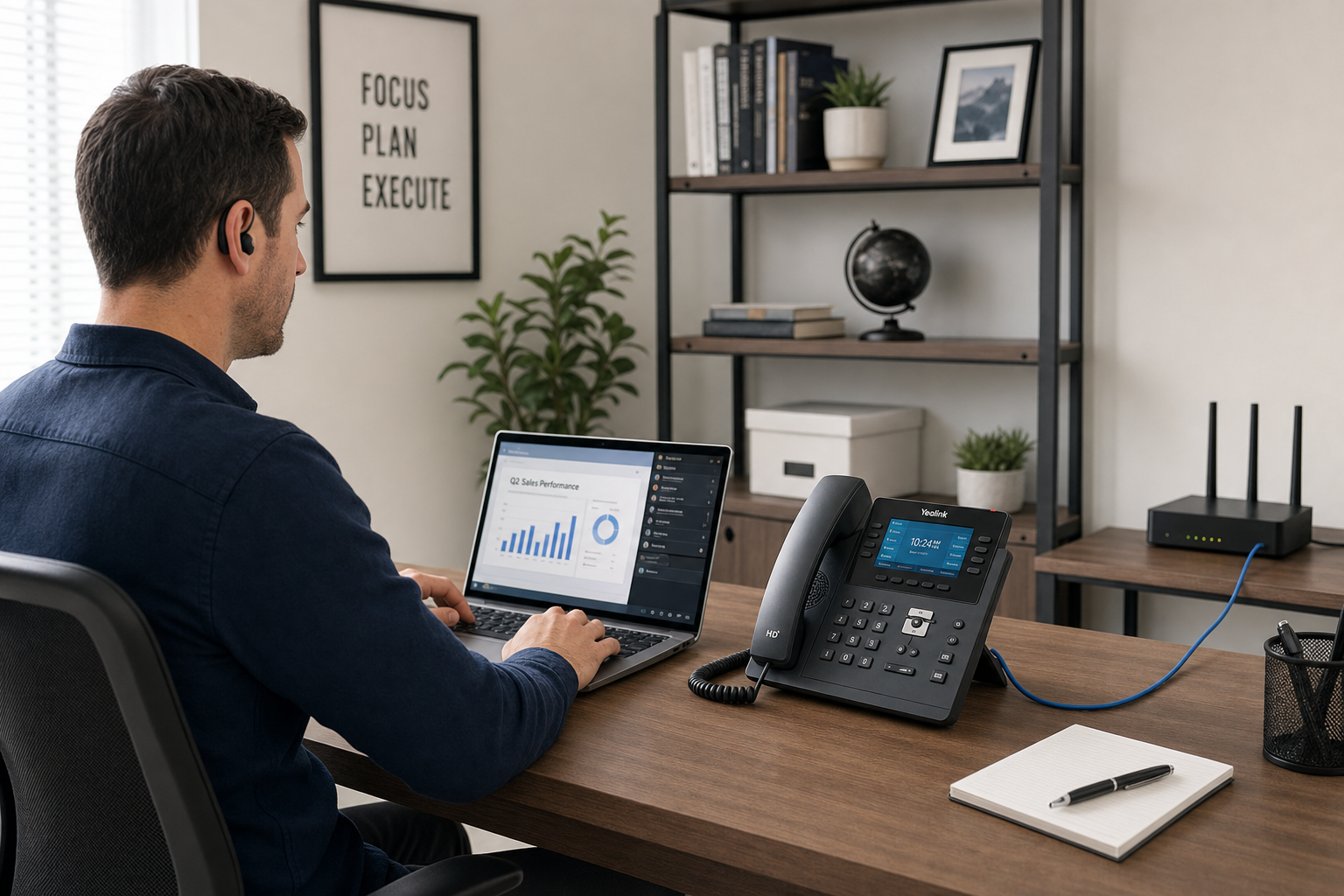 Remote worker using a business VoIP desk phone with a wired Ethernet connection at a home office