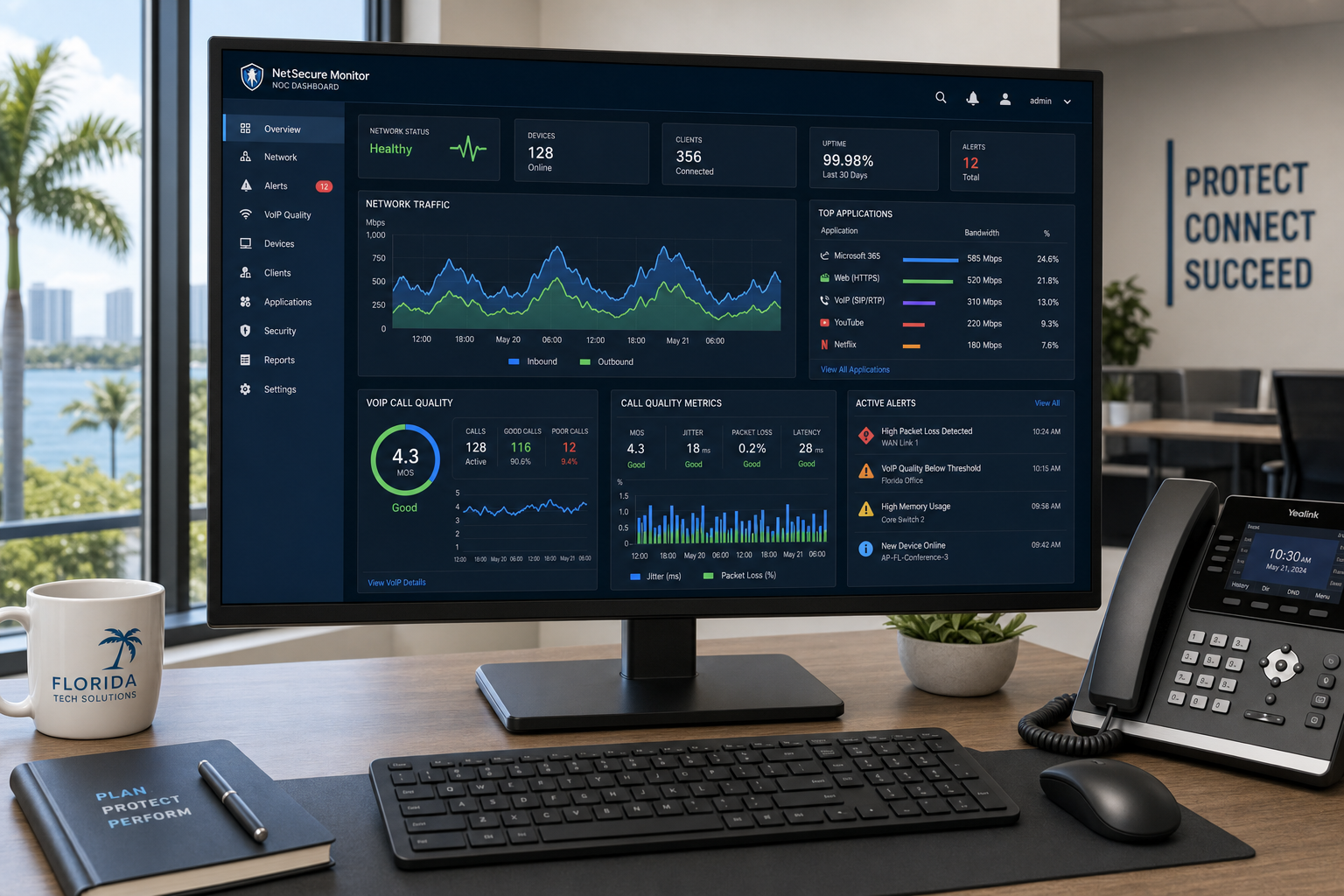 Network monitoring dashboard showing VoIP call quality metrics and traffic analysis in a business office