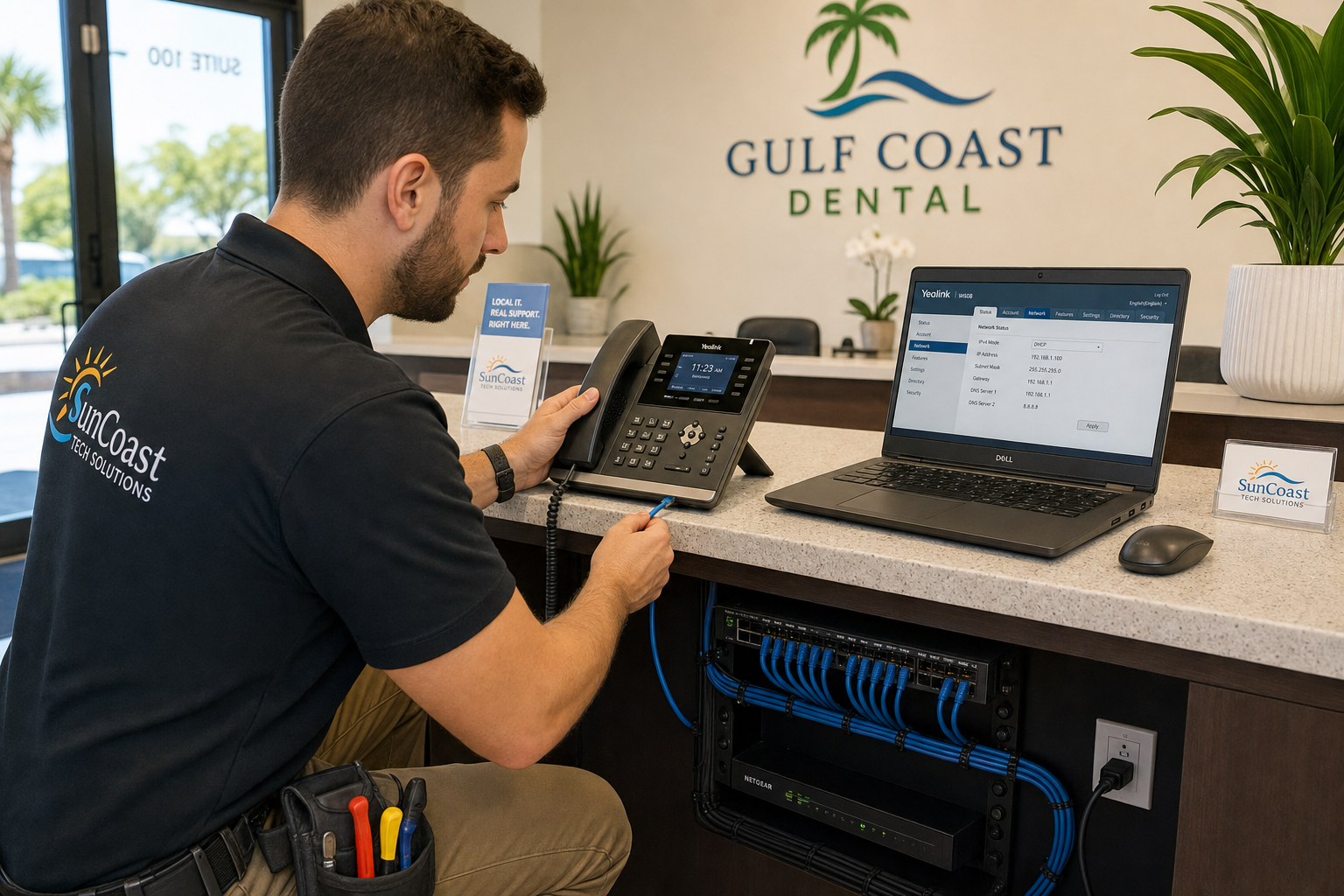 Local IT technician setting up a VoIP desk phone at a Florida business reception desk