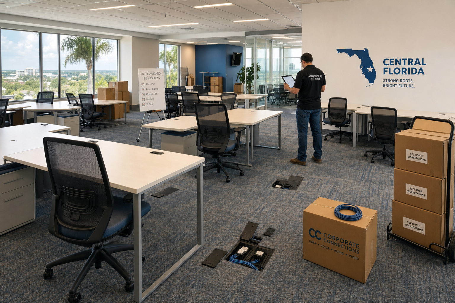 Office floor plan reorganization with visible data drops and a technician reviewing cabling layout