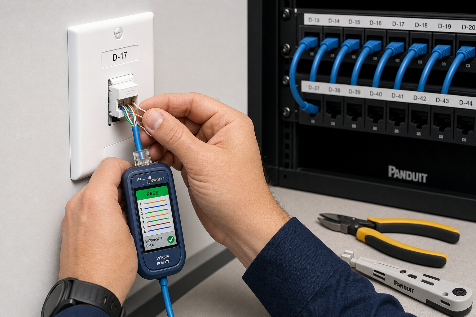 Structured cabling technician terminating a Cat6 wall jack during an office move project