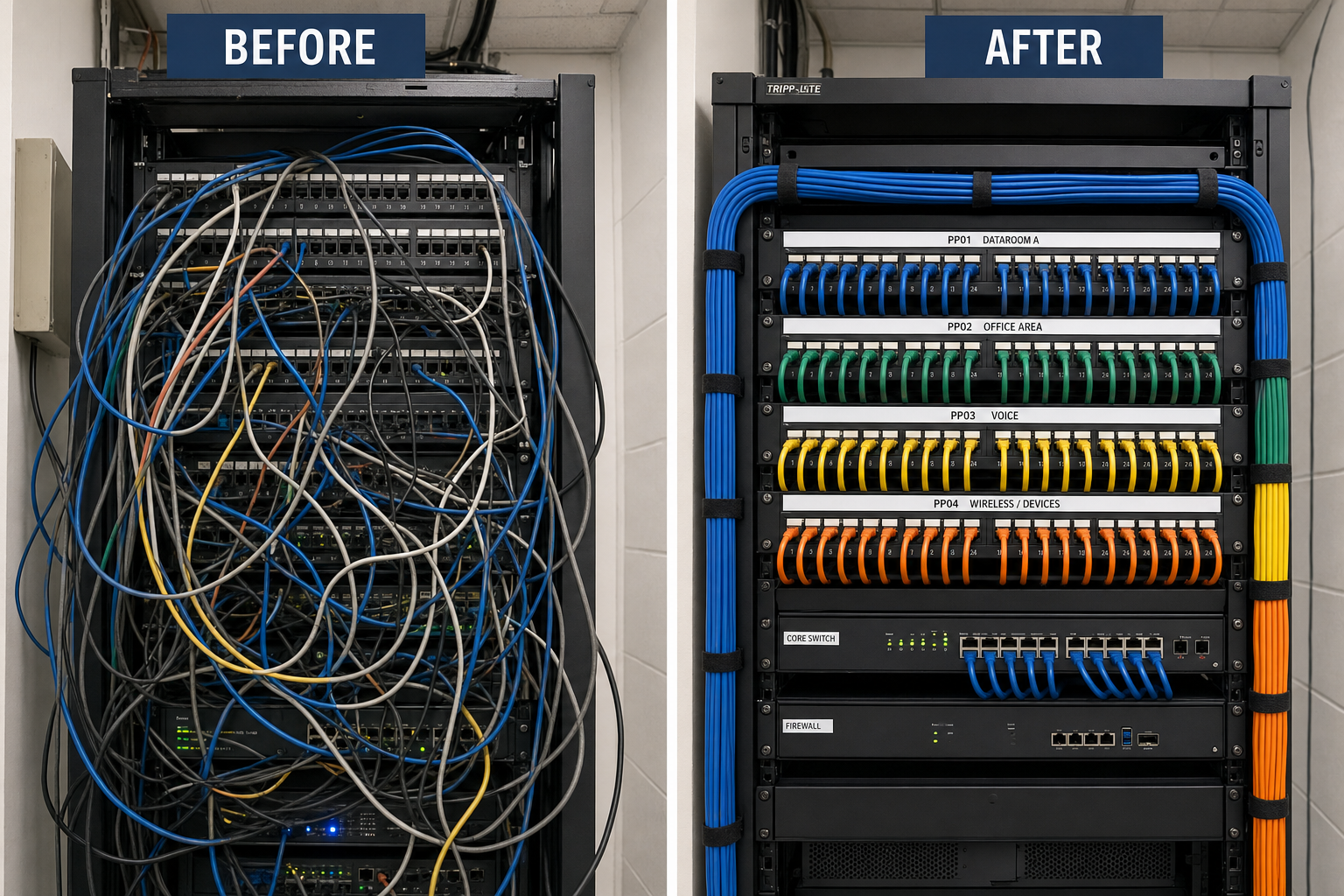 Network closet before and after professional structured cabling cleanup and labeling