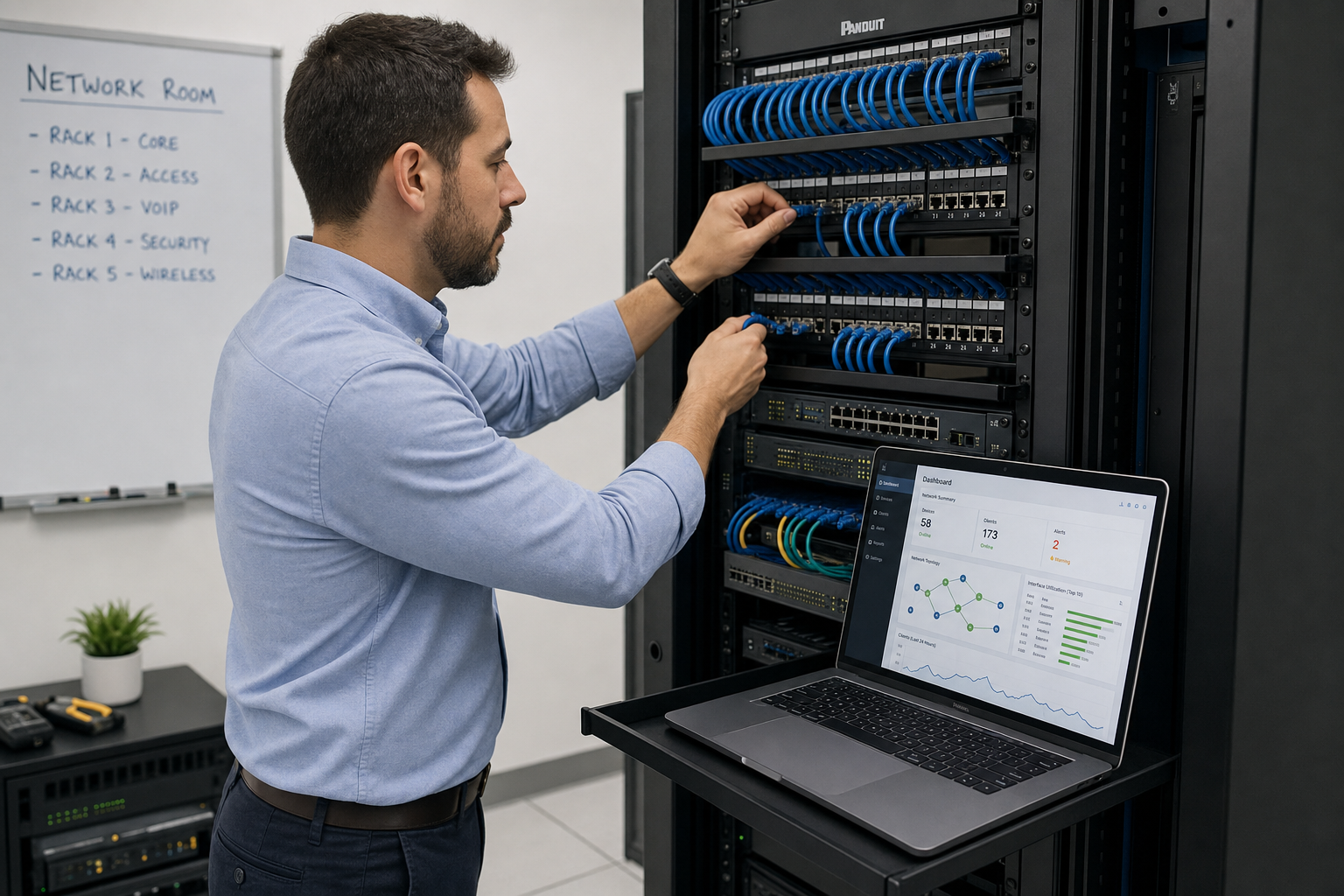 IT technician connecting structured cabling at a server rack in a Florida business office