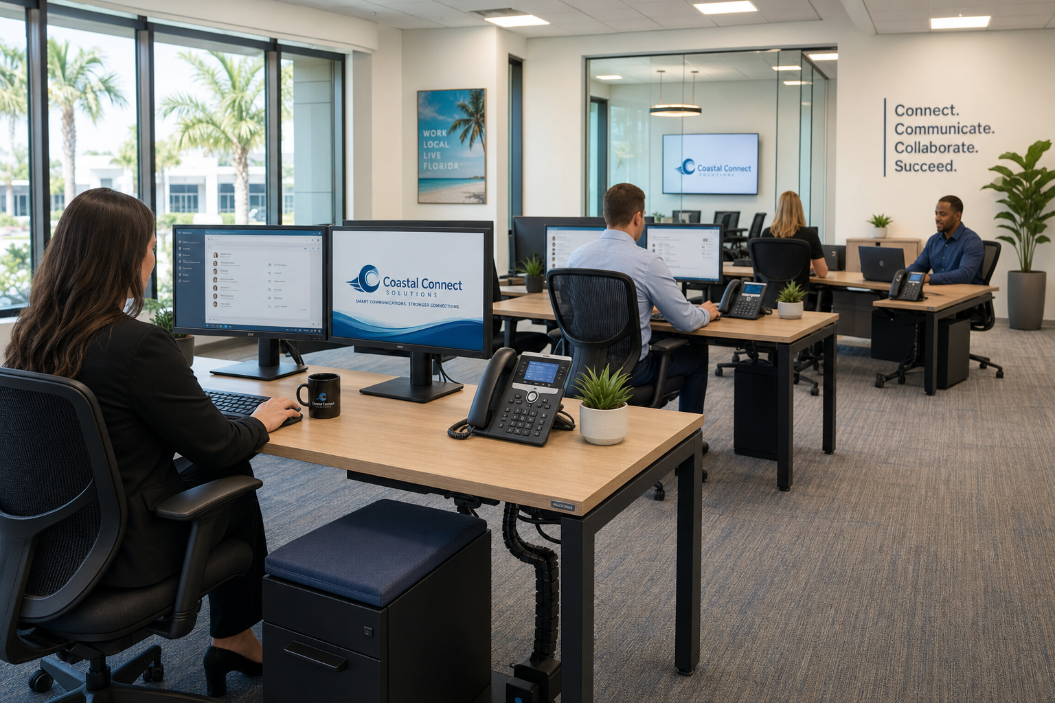 Florida business office with employees using VoIP phones and managed IT infrastructure
