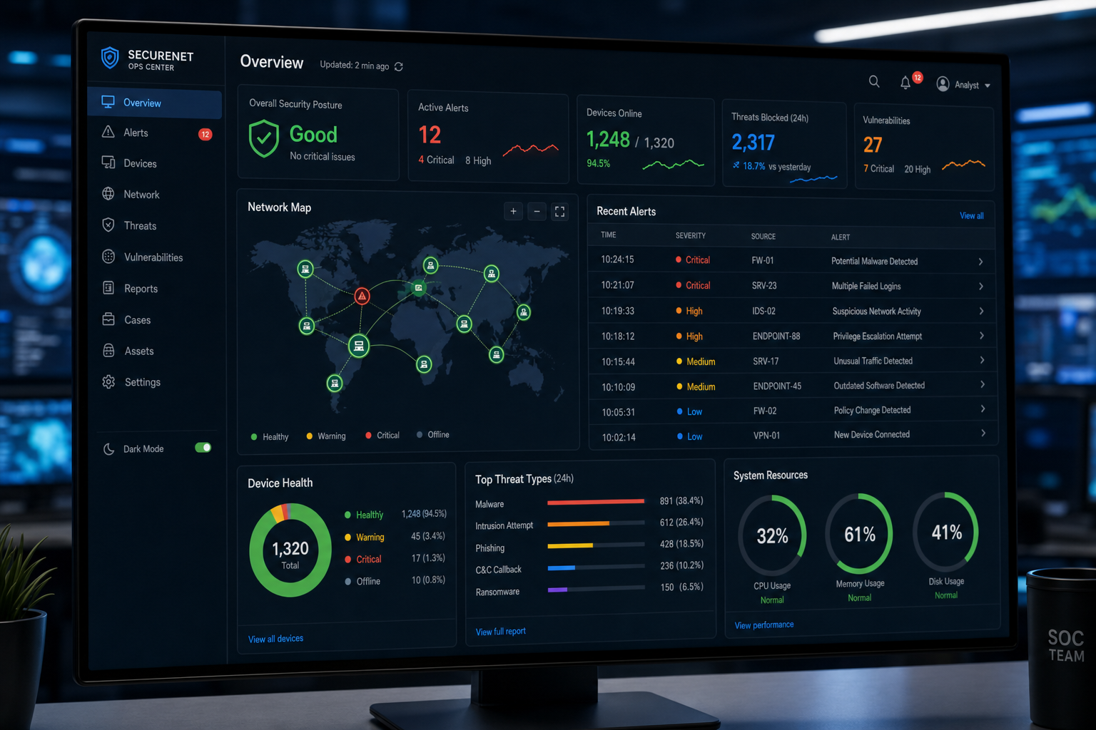 Cybersecurity monitoring dashboard showing network health and alert status for a managed IT environment