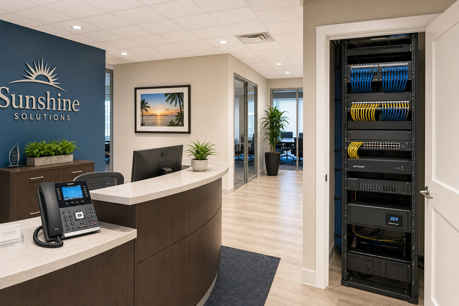 VoIP desk phones and organized network closet in a Florida business office
