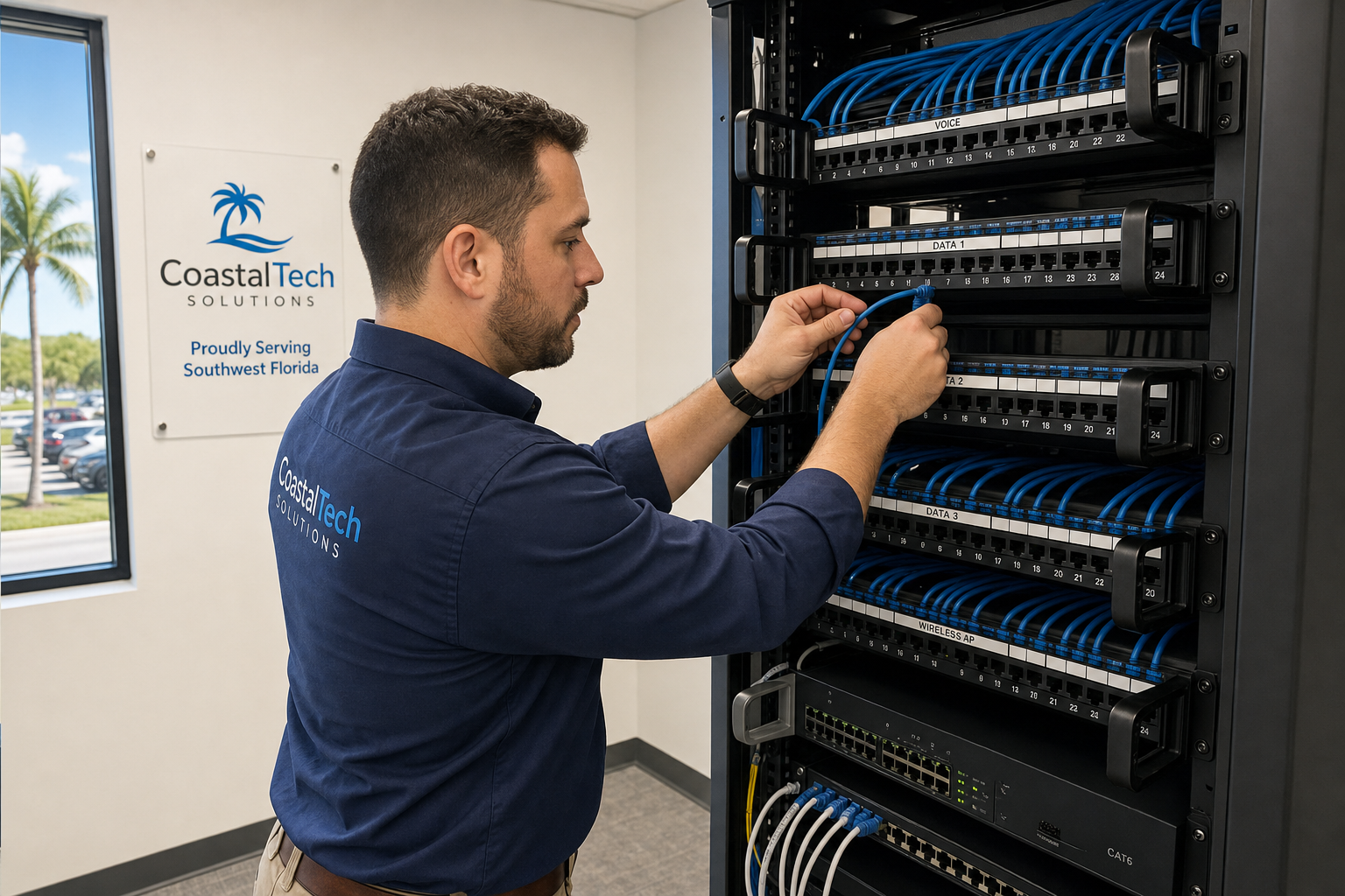 Local IT technician organizing structured cabling in a Florida office network closet