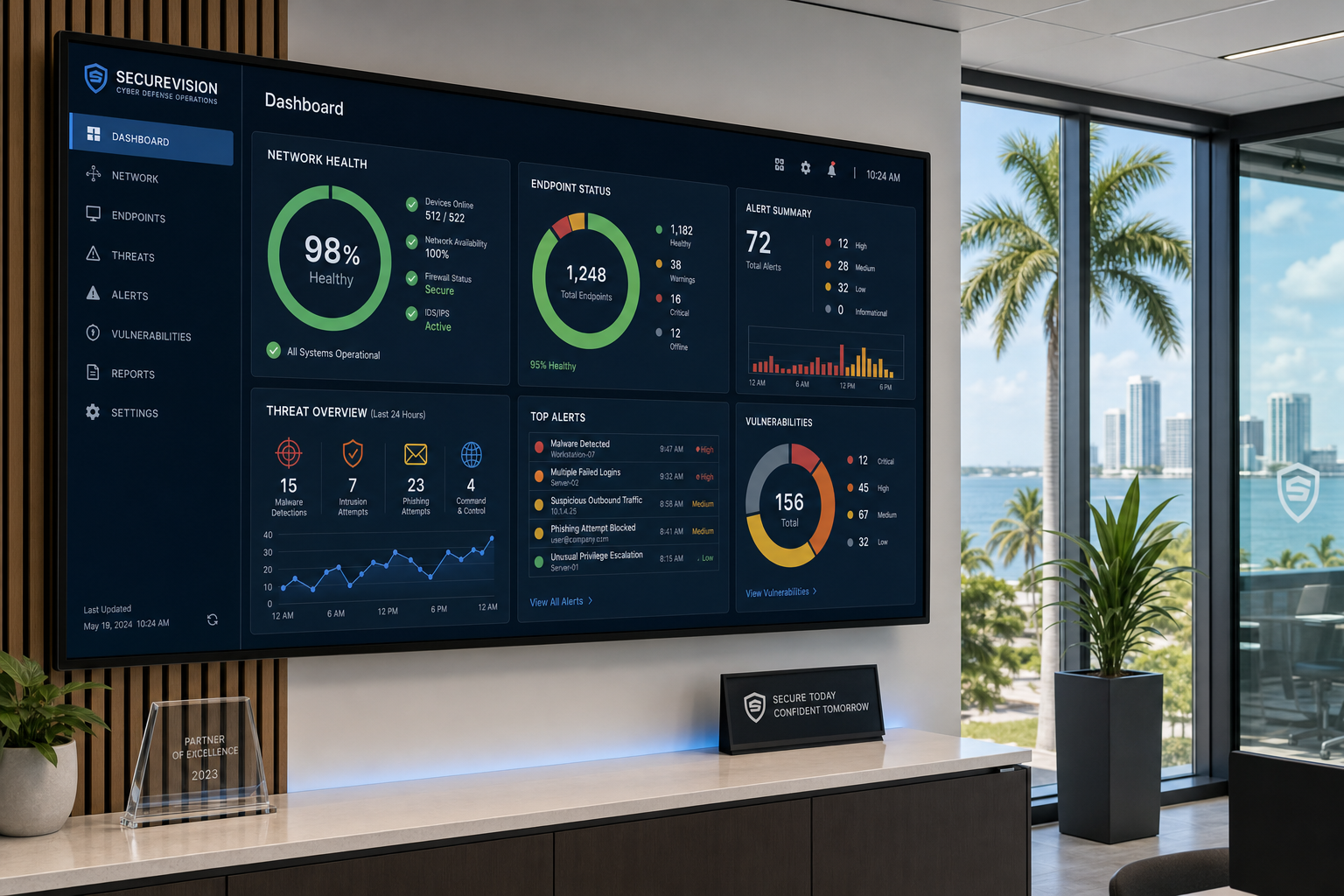 Cybersecurity monitoring dashboard showing network health and endpoint status for a managed IT client