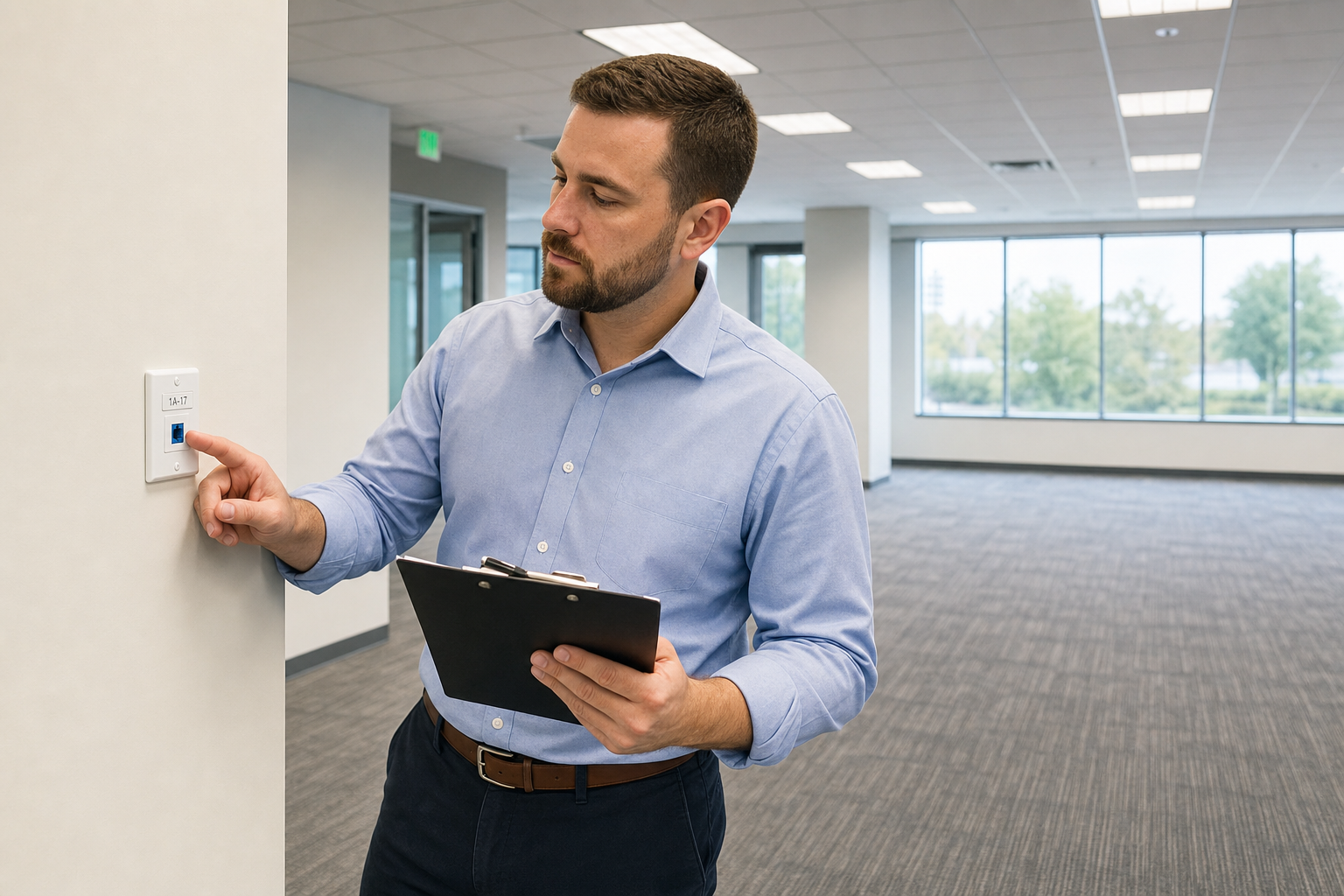 IT technician performing a network site survey in an empty commercial office space before an office move