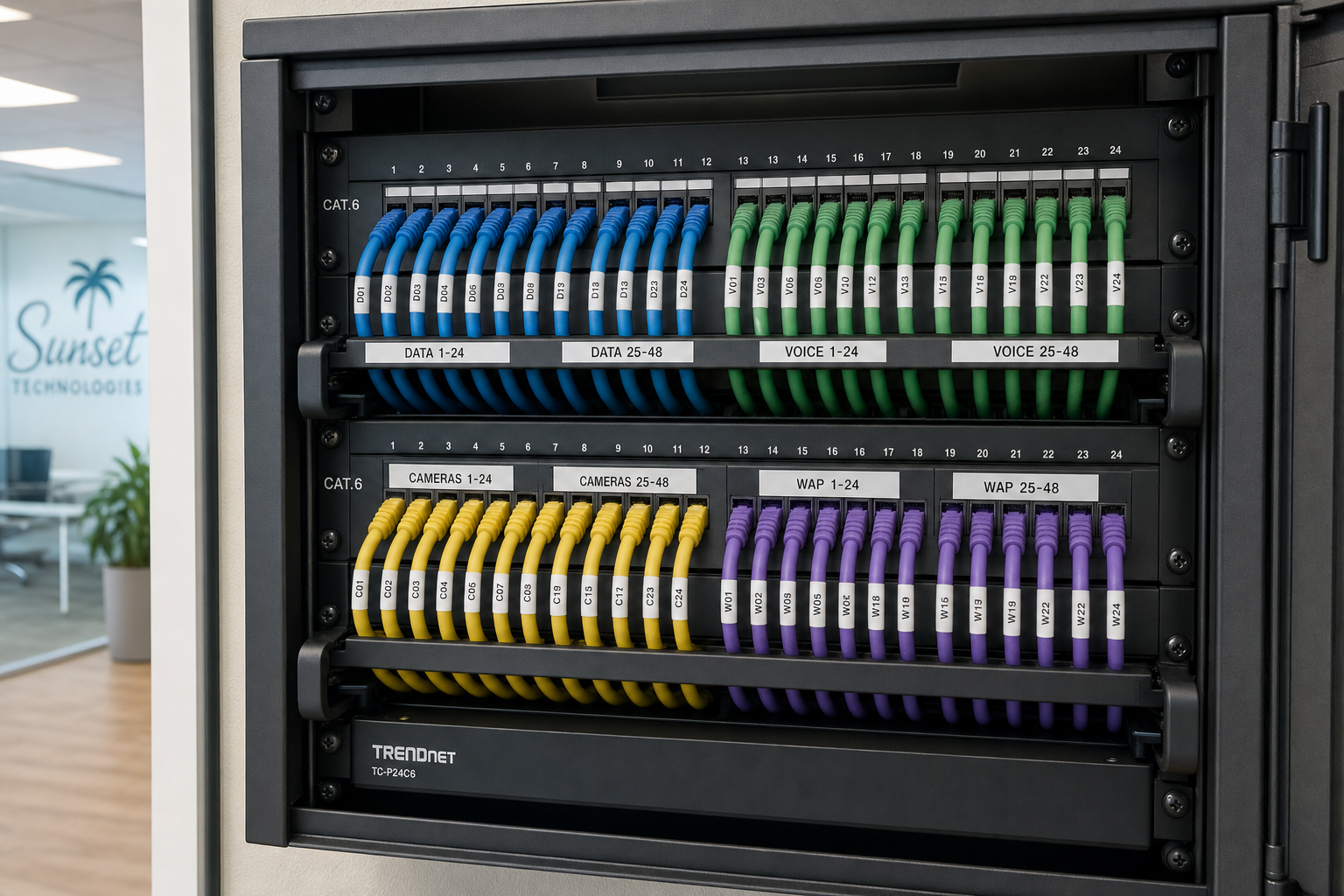Organized patch panel with labeled Cat6 cables in a commercial office network closet