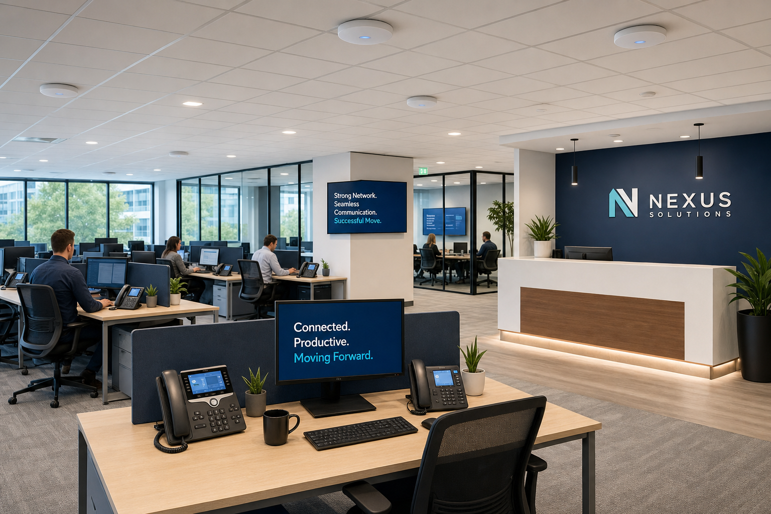Modern Florida business office with VoIP phones and wireless access points fully operational after office move