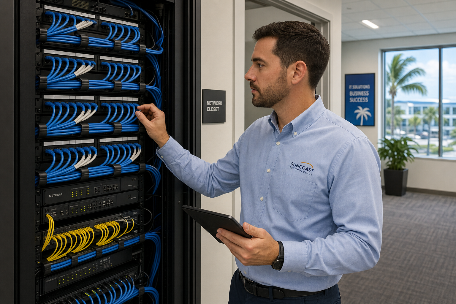 IT technician reviewing a structured cabling patch panel in a Florida business network closet