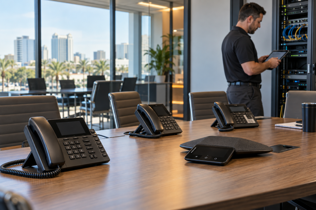 Business VoIP Features for Offices With 30 Users - mynians Business VoIP phones and communications equipment in a Central Florida office conference room