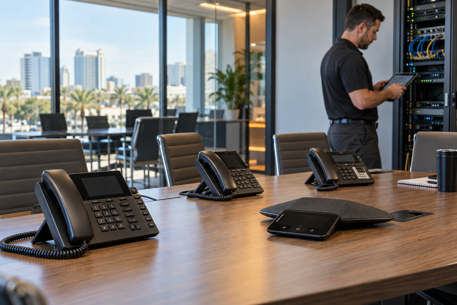 Business VoIP phones and communications equipment in a Central Florida office conference room