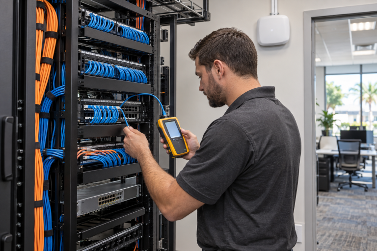 Field technician testing Cat6 structured cabling in a Central Florida business network rack